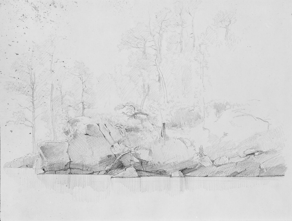 Study of Rocks and Trees by a Lake, Albert Bierstadt (American, Solingen 1830–1902 New York), Graphite on buff-colored wove paper, American 