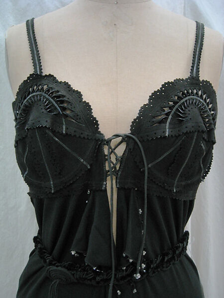 Dress, Zandra Rhodes (British, founded 1969), a) polyester, leather, glass, plastic; b) cotton, synthetic, nylon, British