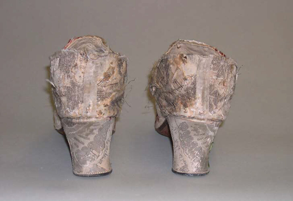 Shoes, silk, metallic thread, leather, wood, European