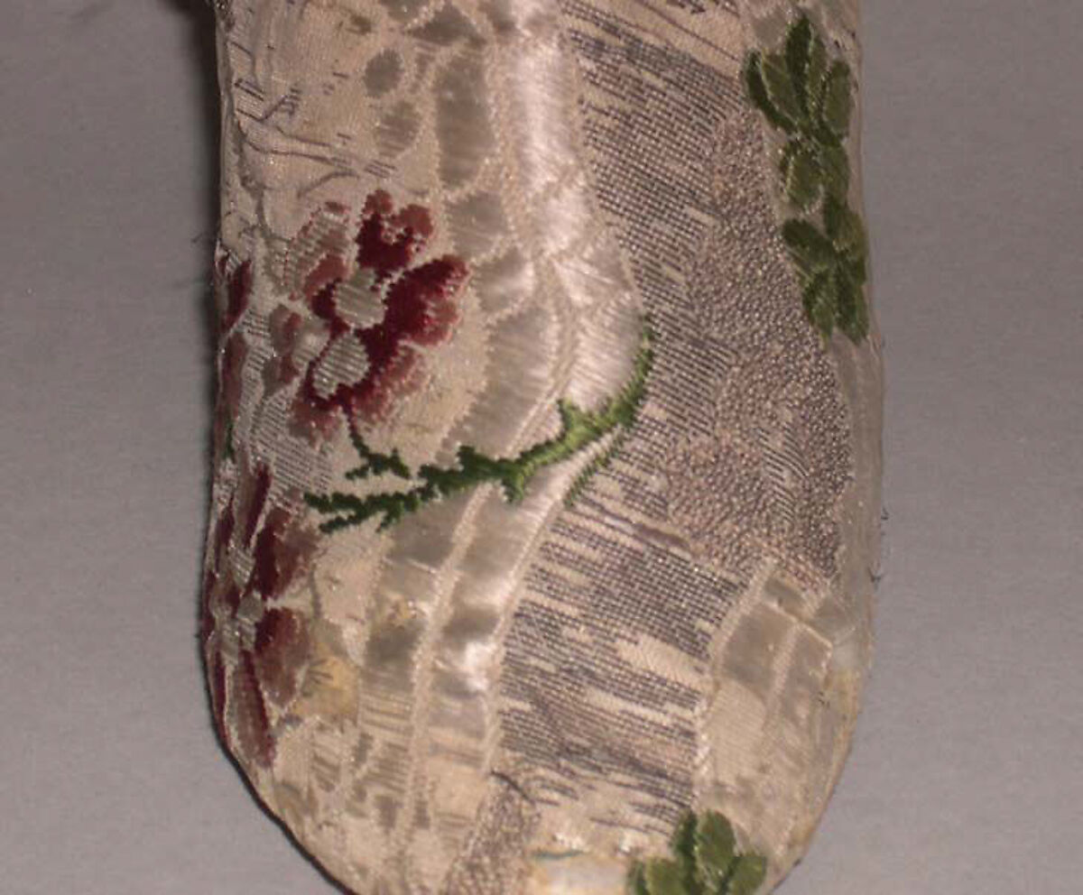 Shoes, silk, metallic thread, leather, wood, European