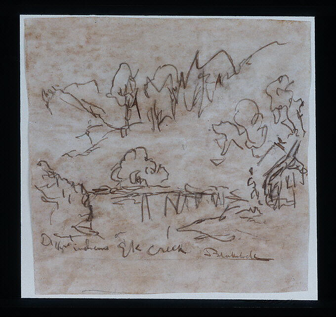 Digger Indians, Elk Creek, Ralph Albert Blakelock (1847–1919), Brown ink and black chalk on off-white and brown mottled wove paper, American 