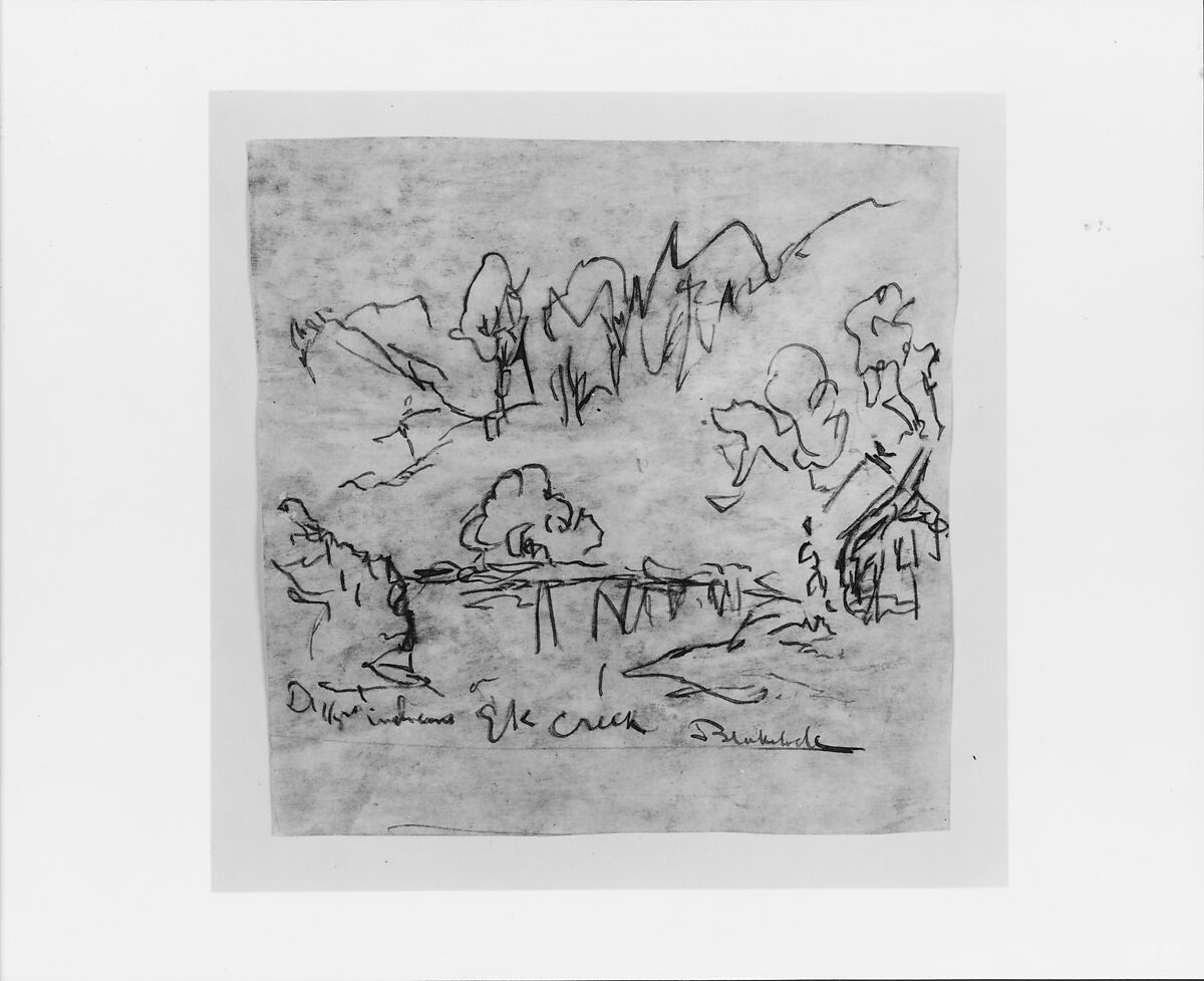 Digger Indians, Elk Creek, Ralph Albert Blakelock (1847–1919), Brown ink and black chalk on off-white and brown mottled wove paper, American