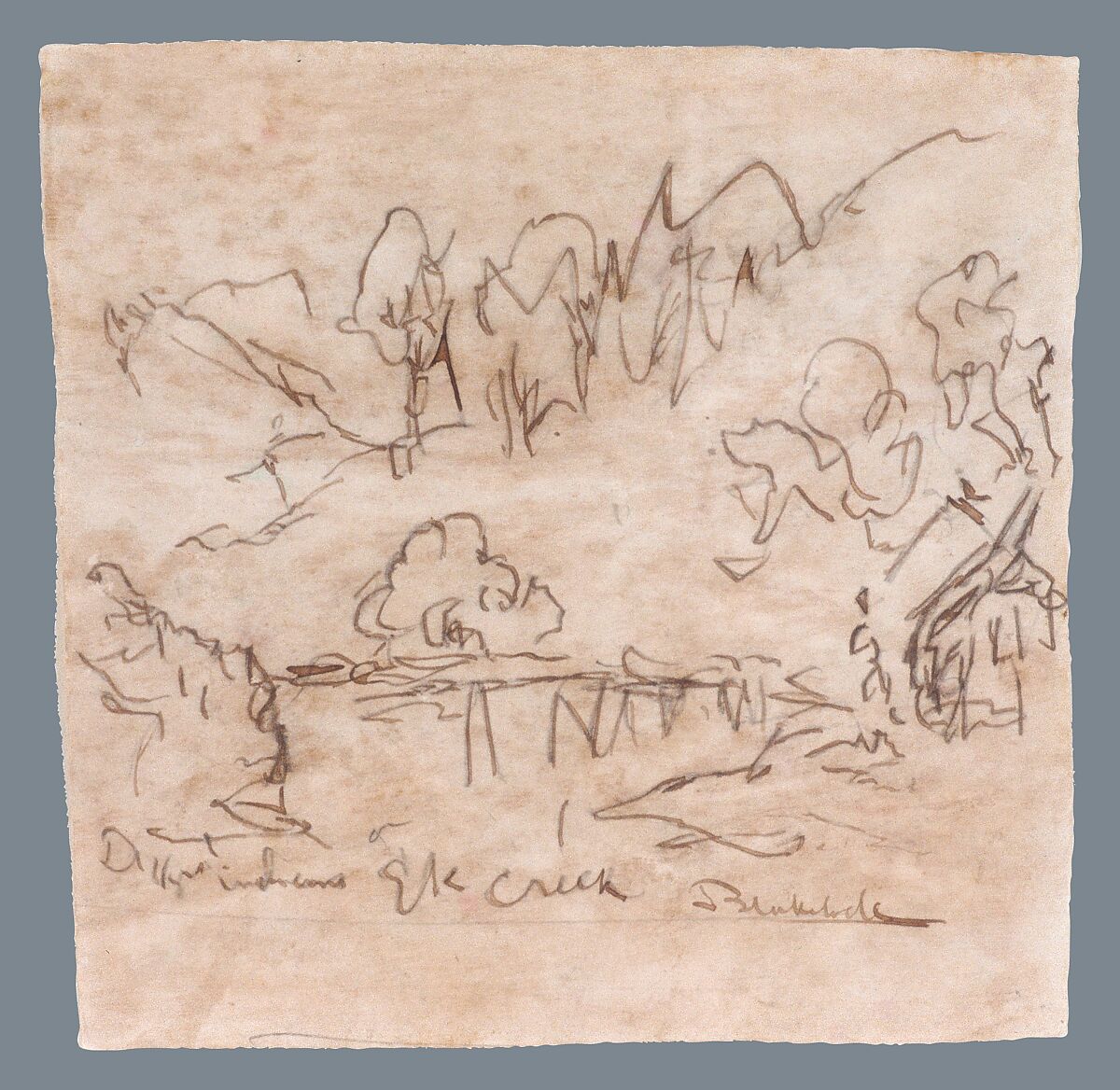 Digger Indians, Elk Creek, Ralph Albert Blakelock (1847–1919), Brown ink and black chalk on off-white and brown mottled wove paper, American