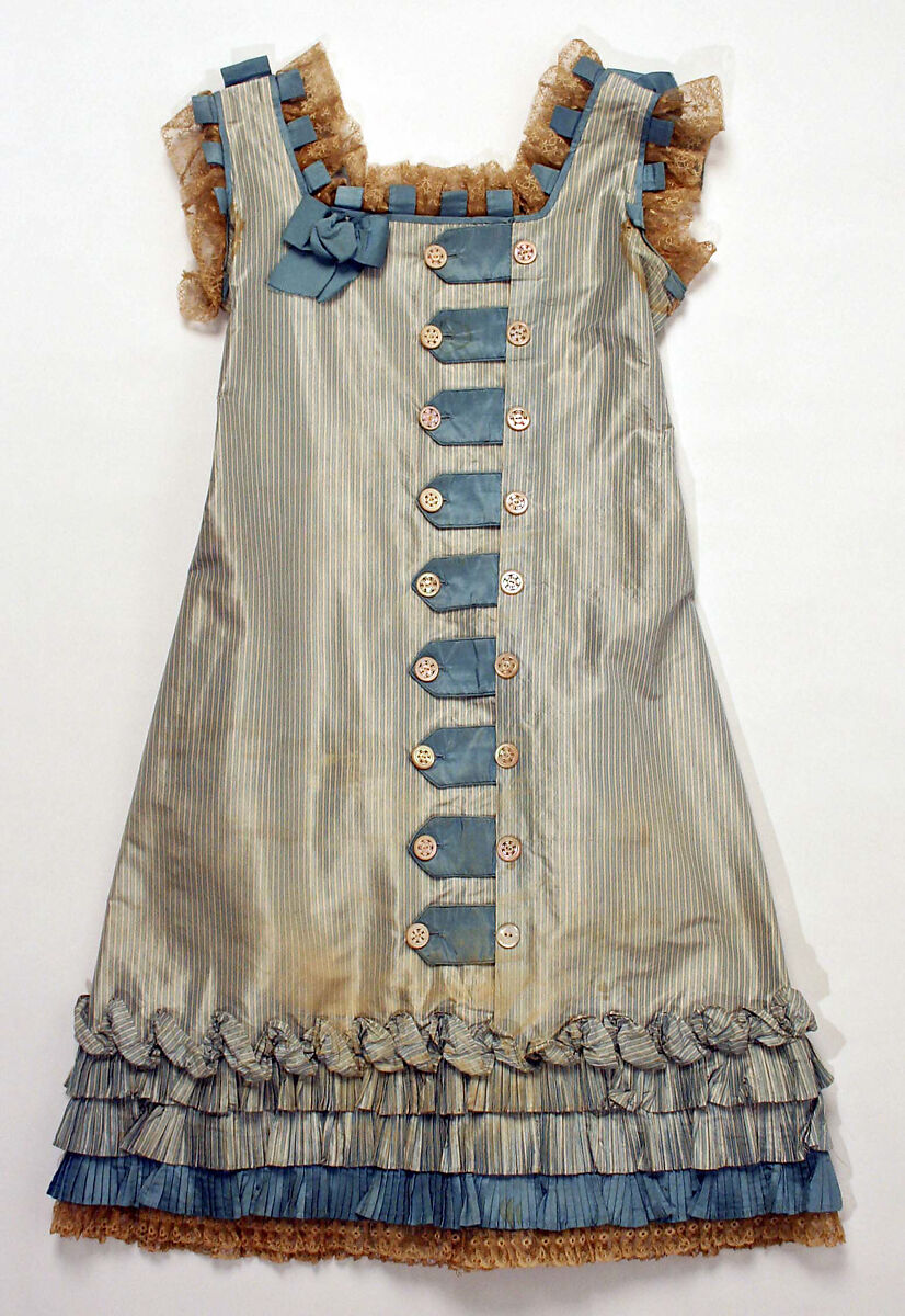 Dress, silk, cotton, mother-of-pearl, probably American 