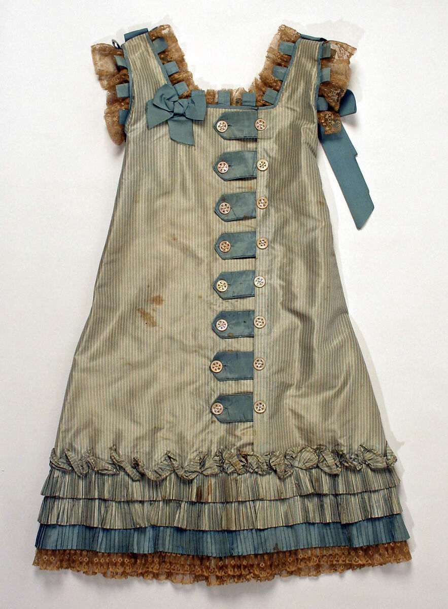 Dress, silk, cotton, mother-of-pearl, probably American 