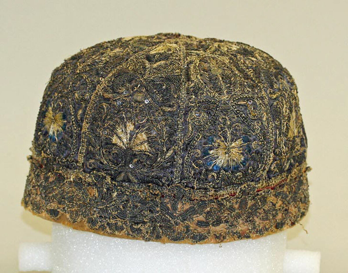 Cap, silk, metal thread, British 