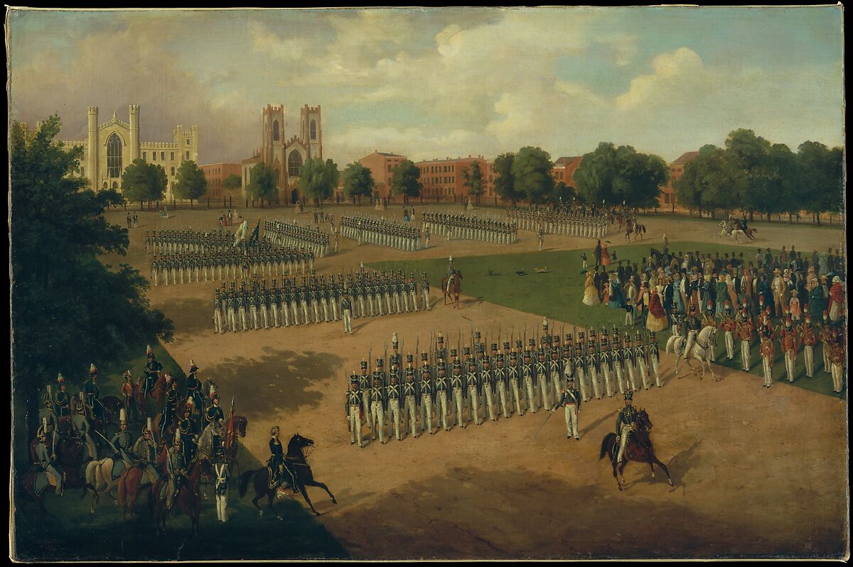 Seventh Regiment on Review, Washington Square, New York, Otto Boetticher (ca. 1816–after 1864), Oil on canvas, American 