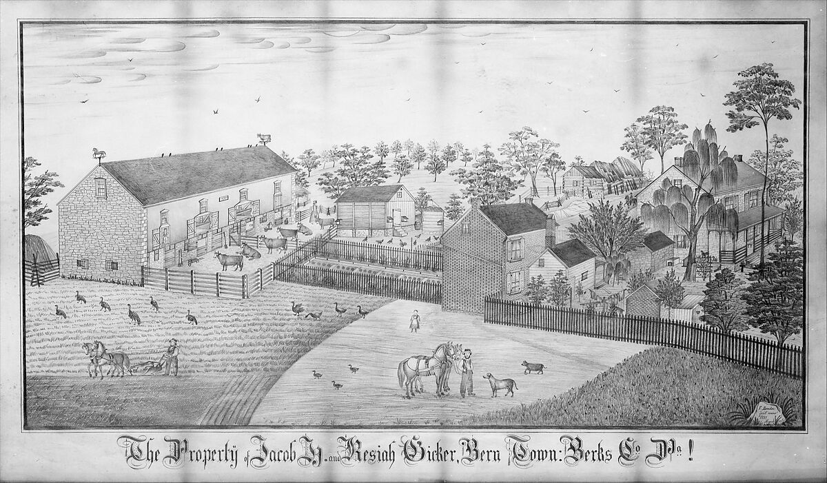 The Property of Jacob H. and Kesiah Gicker, Bern Town, Berks County, Pennsylvania, Ferdinand A. Brader (born 1833), Graphite on tan wove paper, American