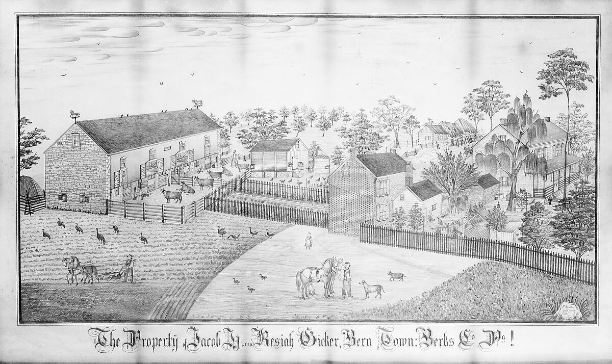 The Property of Jacob H. and Kesiah Gicker, Bern Town, Berks County, Pennsylvania, Ferdinand A. Brader (born 1833), Graphite on tan wove paper, American 