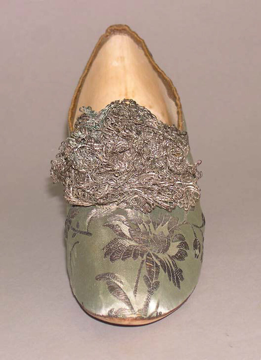 Slippers, silk, metal thread, American