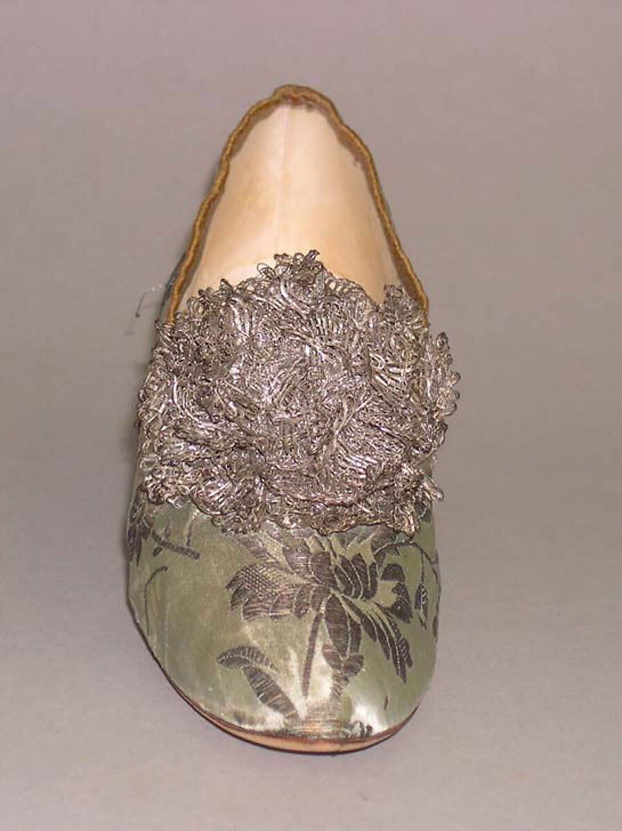 Slippers, silk, metal thread, American