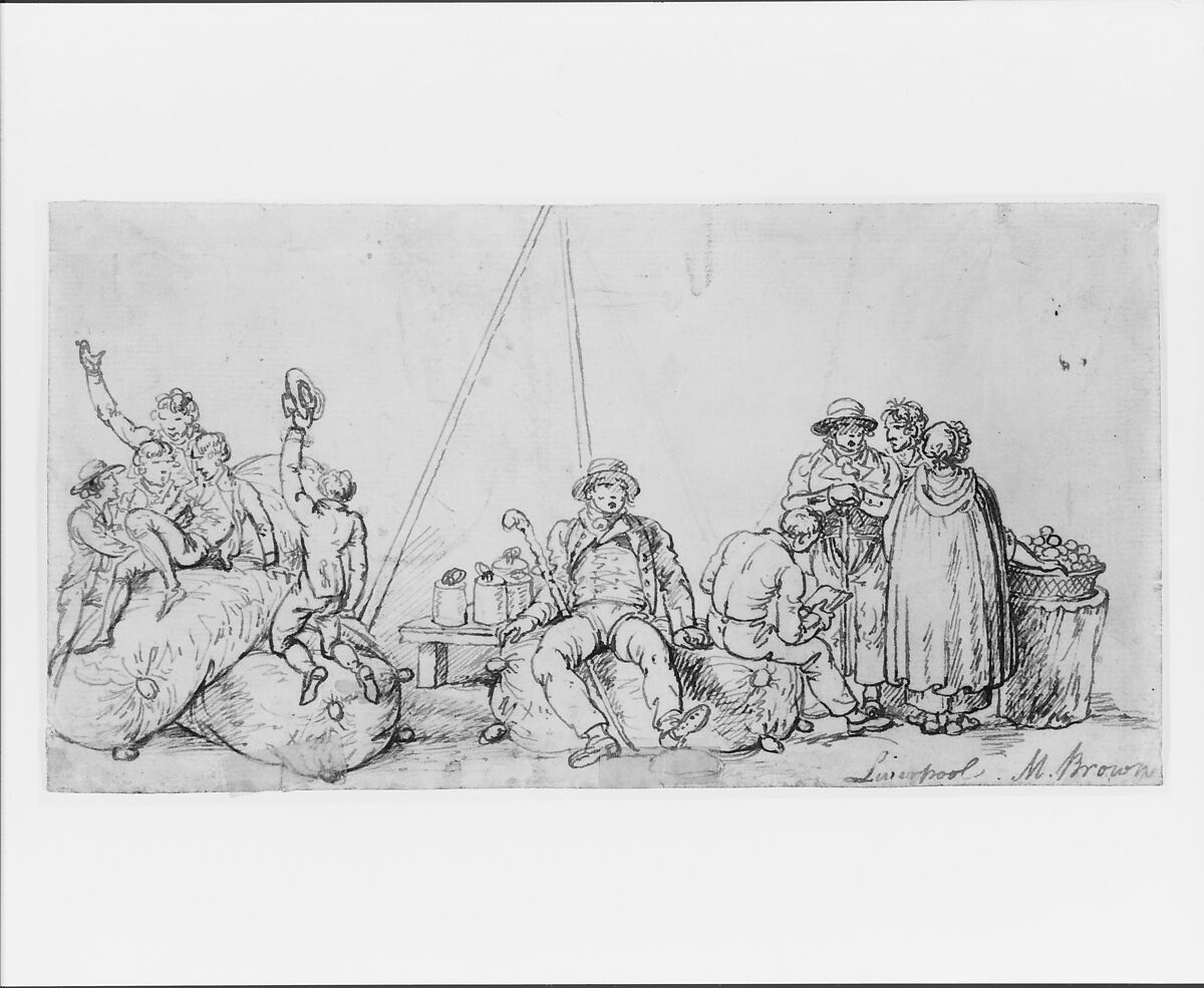 Scene at Liverpool, Mather Brown (American, Boston, Massachusetts 1761–1831 London), Pen and iron-gall ink and graphite on buff-colored laid paper, American