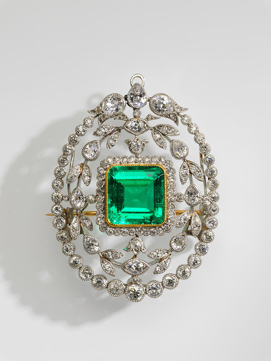 Brooch, Probably Tiffany &amp; Co. (1837–present), Emerald, diamonds, platinum, American