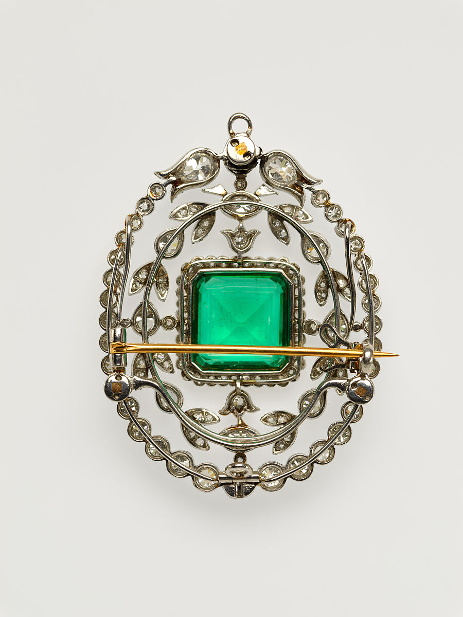 Brooch, Probably Tiffany &amp; Co. (1837–present), Emerald, diamonds, platinum, American