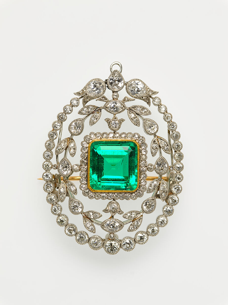 Brooch, Probably Tiffany &amp; Co. (1837–present), Emerald, diamonds, platinum, American