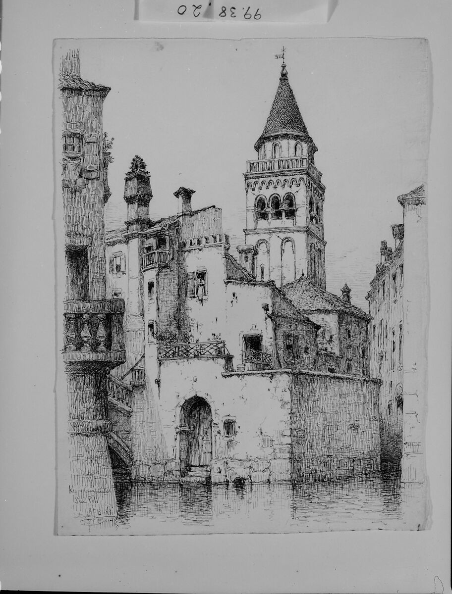 Campanile and Rio di San Polo, Venice, Andrew Fisher Bunner (1841–1897), Black ink and graphite traces on off-white wove paper, American