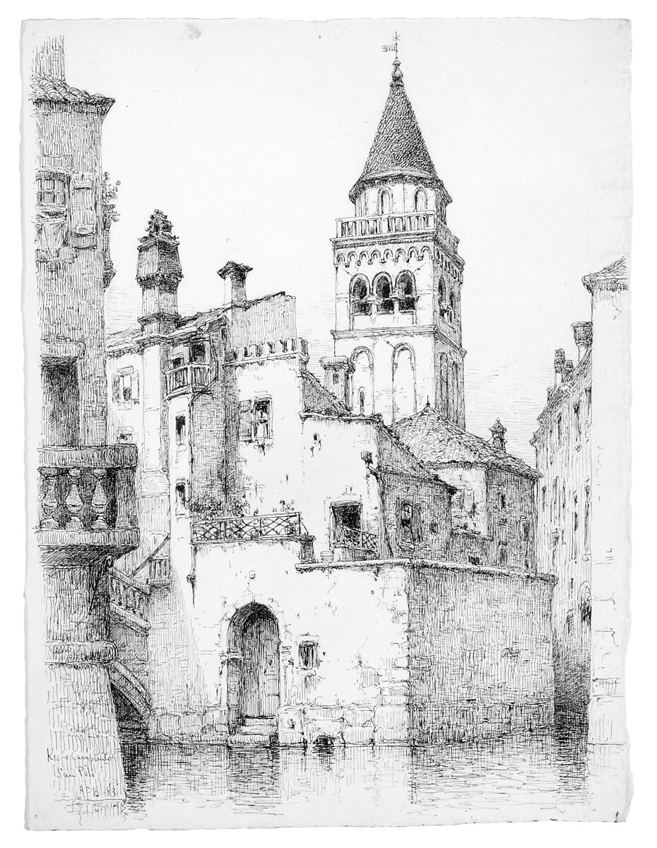 Campanile and Rio di San Polo, Venice, Andrew Fisher Bunner (1841–1897), Black ink and graphite traces on off-white wove paper, American 