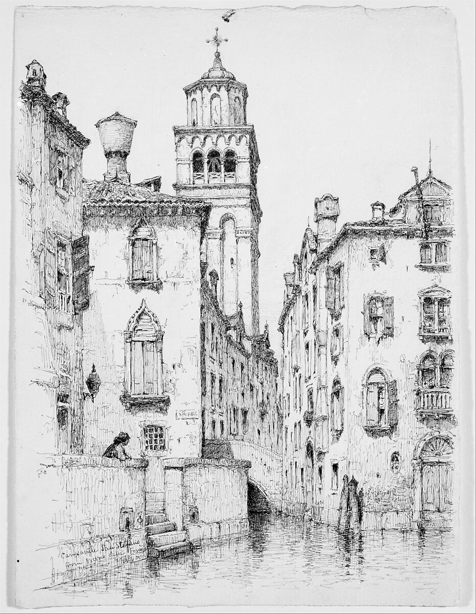 Campanile San Stefano, Venice, Andrew Fisher Bunner (1841–1897), Black ink and graphite traces on off-white wove paper, American