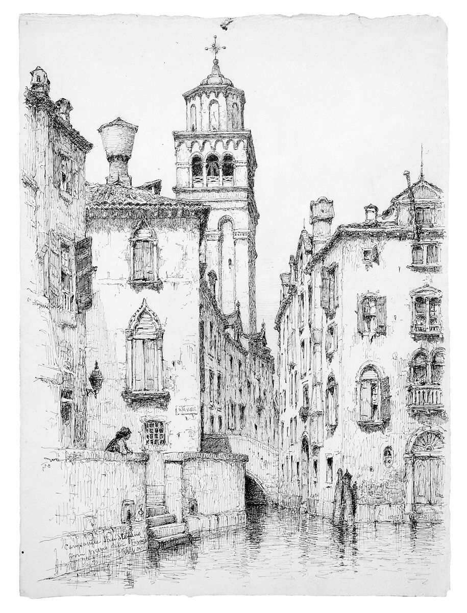 Campanile San Stefano, Venice, Andrew Fisher Bunner (1841–1897), Black ink and graphite traces on off-white wove paper, American 