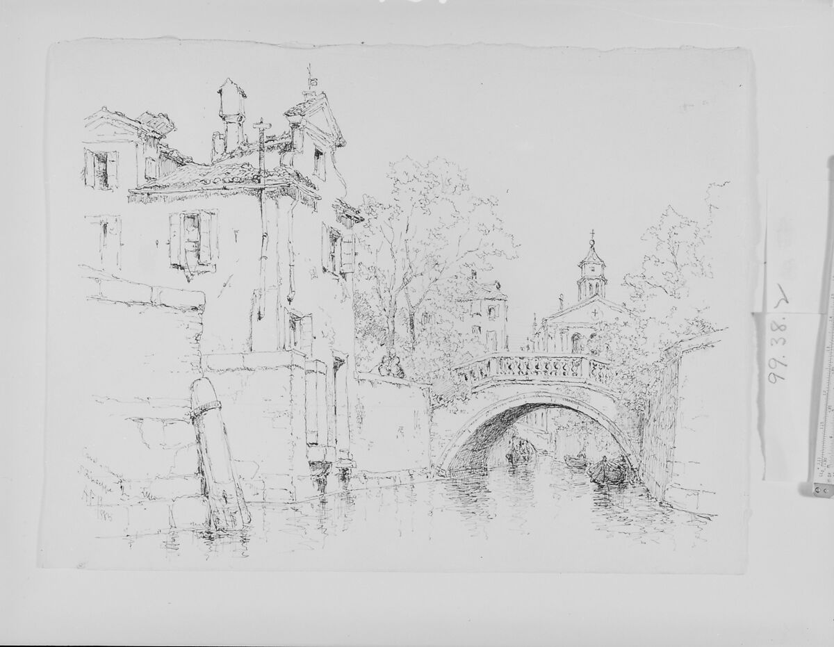 Canal and Church of San Giuseppe, Venice, Andrew Fisher Bunner (1841–1897), Black ink and graphite on off-white wove paper, American