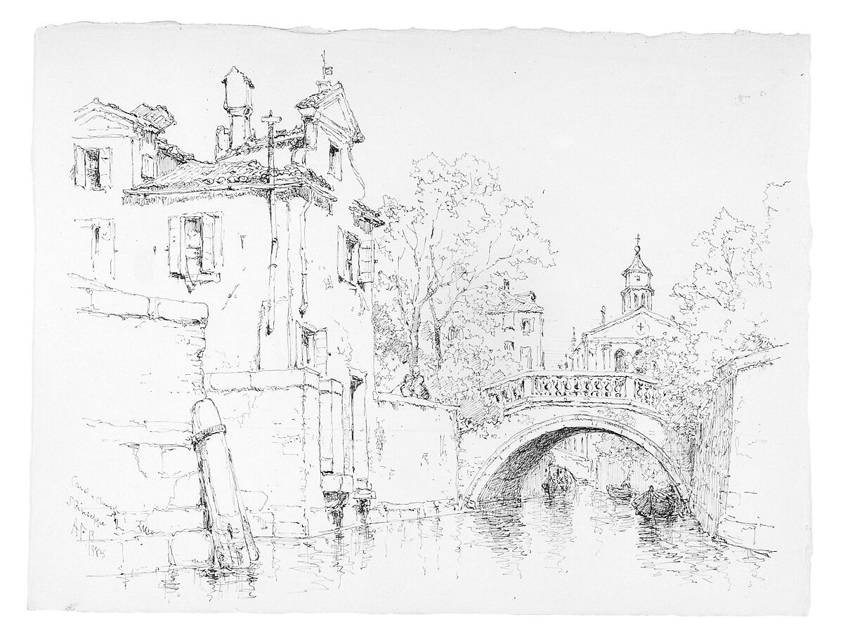 Canal and Church of San Giuseppe, Venice, Andrew Fisher Bunner (1841–1897), Black ink and graphite on off-white wove paper, American 