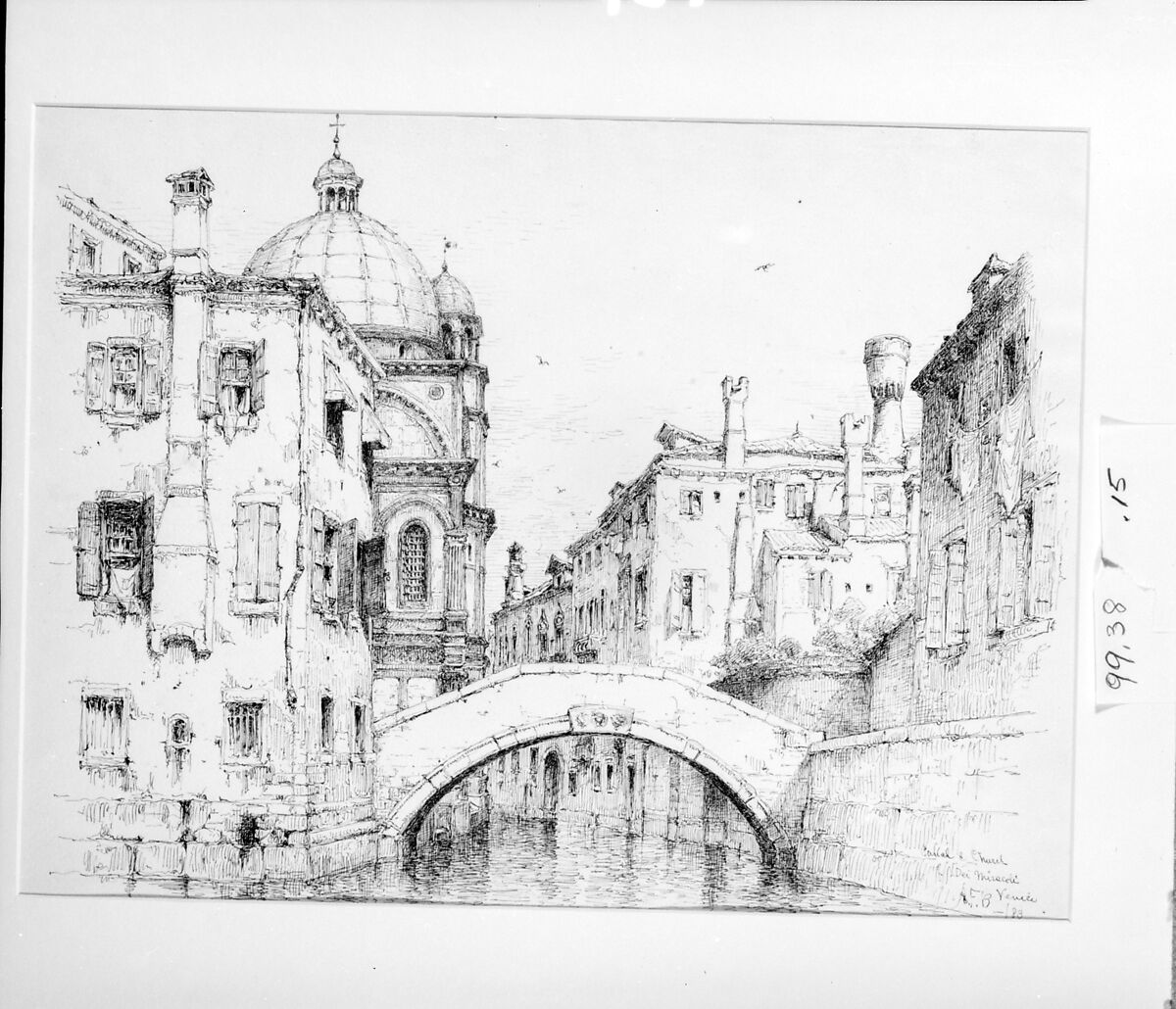 Canal and Church of Santa Maria dei Miracoli, Venice, Andrew Fisher Bunner (1841–1897), Black ink and graphite traces on off-white wove paper, American