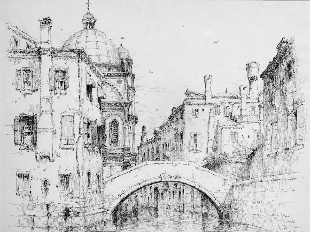 Canal and Church of Santa Maria dei Miracoli, Venice, Andrew Fisher Bunner (1841–1897), Black ink and graphite traces on off-white wove paper, American 