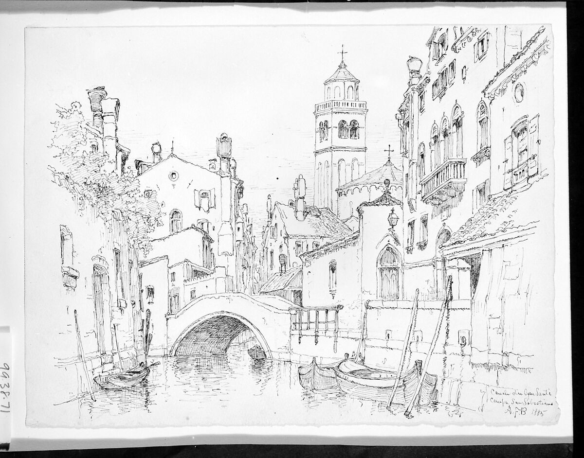 Canale dei Agni Santi, Campo San Sebastiano, Venice, Andrew Fisher Bunner (1841–1897), Black ink and graphite traces on off-white wove paper, American
