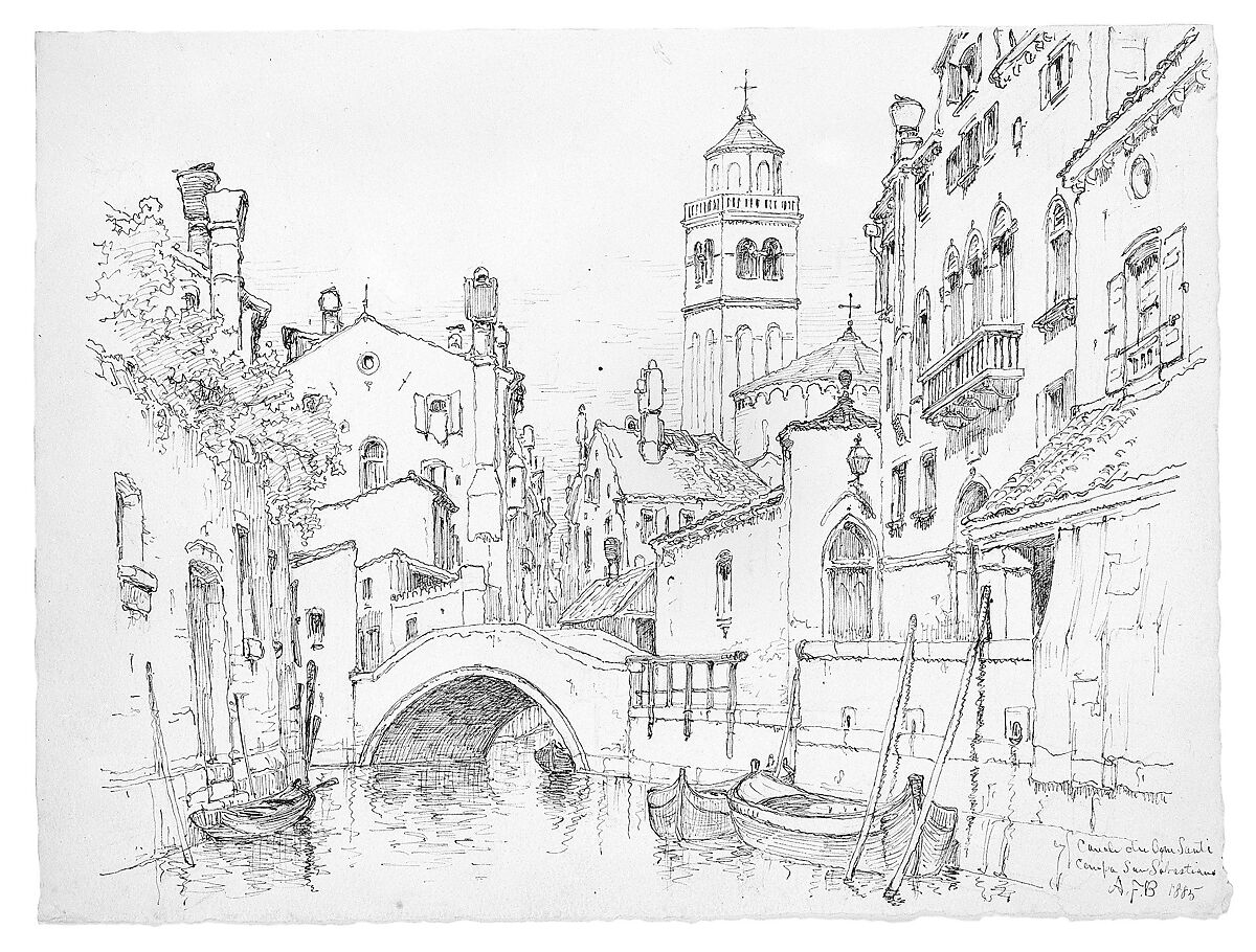 Canale dei Agni Santi, Campo San Sebastiano, Venice, Andrew Fisher Bunner (1841–1897), Black ink and graphite traces on off-white wove paper, American 
