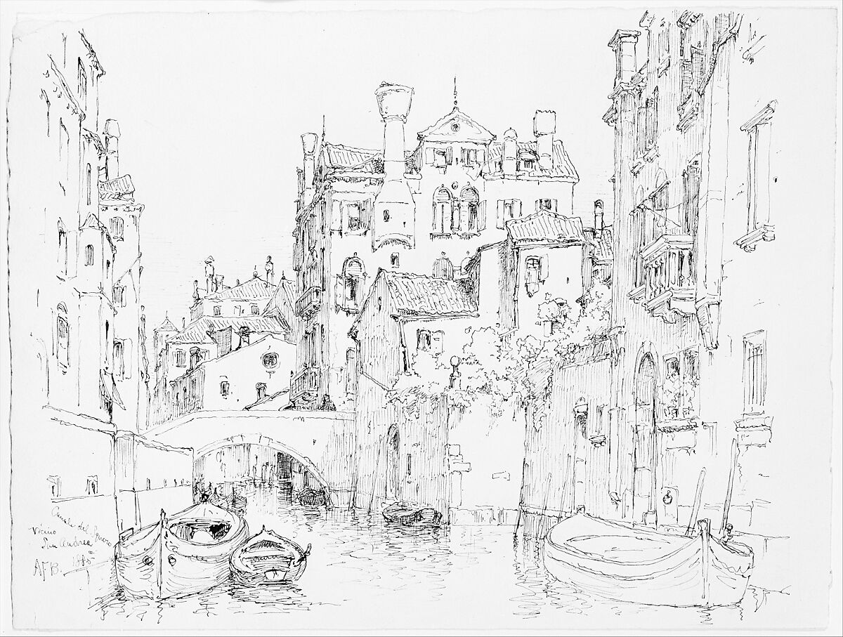 Canale del Squero, Venice, Andrew Fisher Bunner (1841–1897), Black ink and graphite traces on off-white wove paper, American