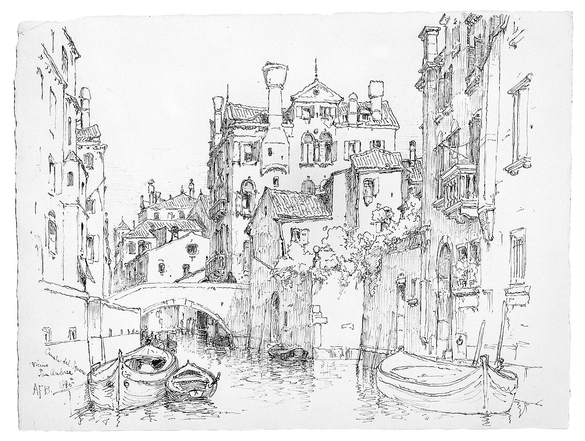 Canale del Squero, Venice, Andrew Fisher Bunner (1841–1897), Black ink and graphite traces on off-white wove paper, American 