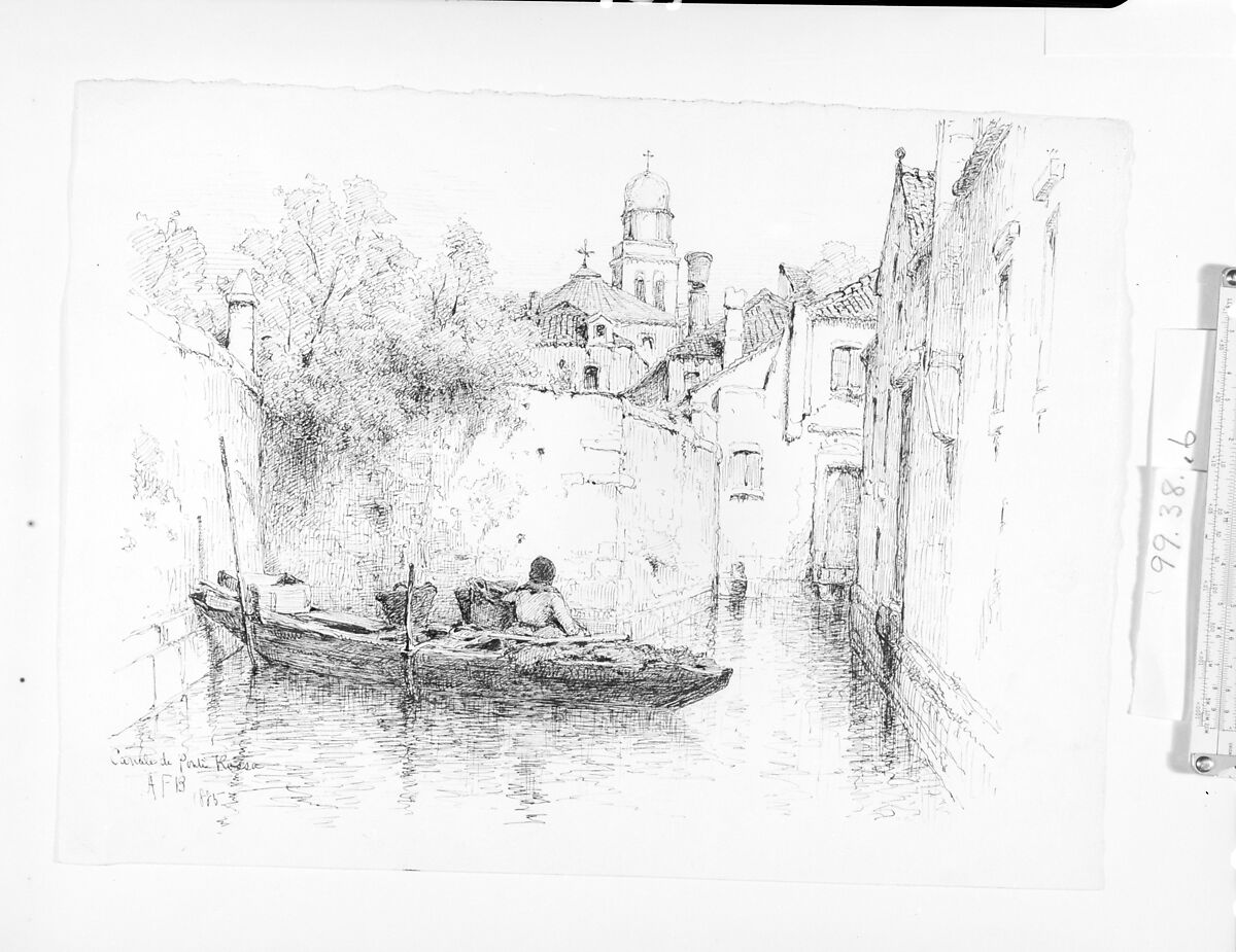 Canale di Ponte Rossa, Venice, Andrew Fisher Bunner (1841–1897), Black ink and graphite traces on off-white wove paper, American