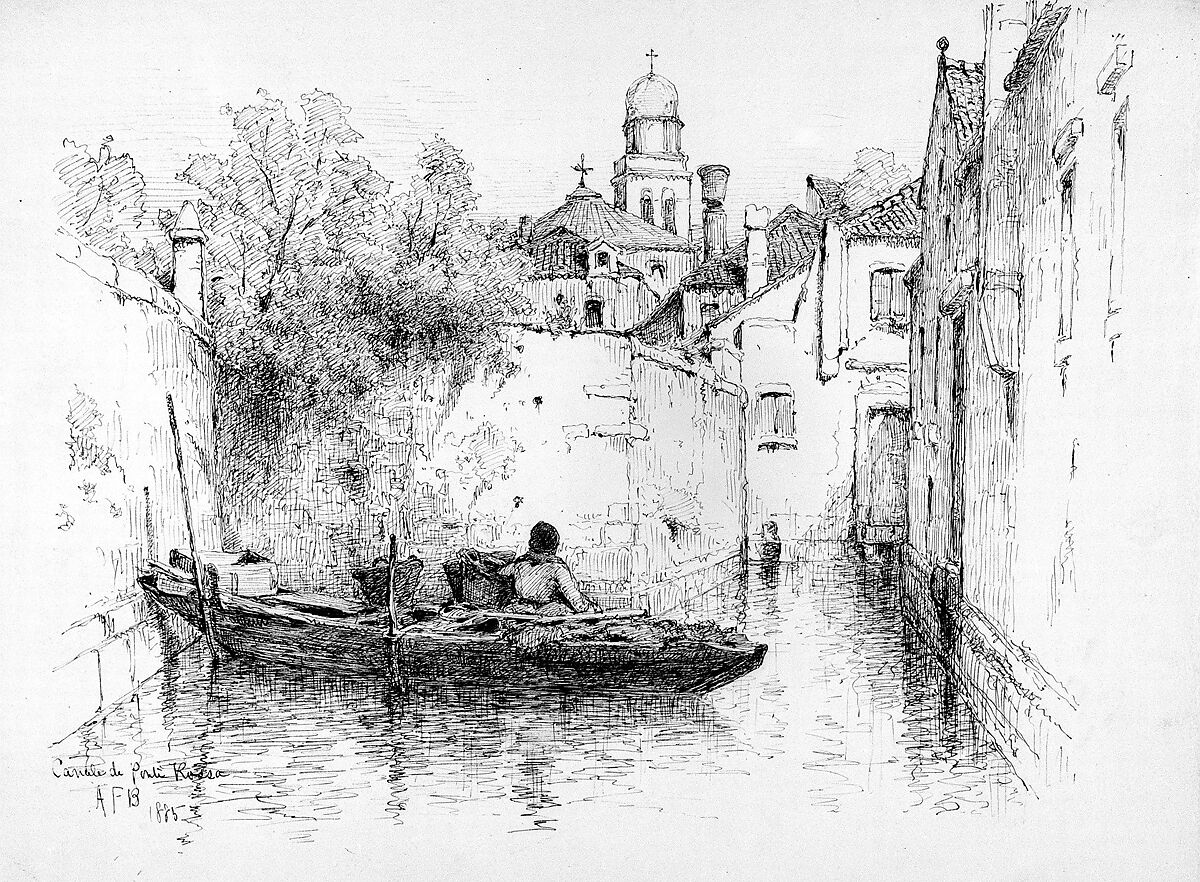 Canale di Ponte Rossa, Venice, Andrew Fisher Bunner (1841–1897), Black ink and graphite traces on off-white wove paper, American 