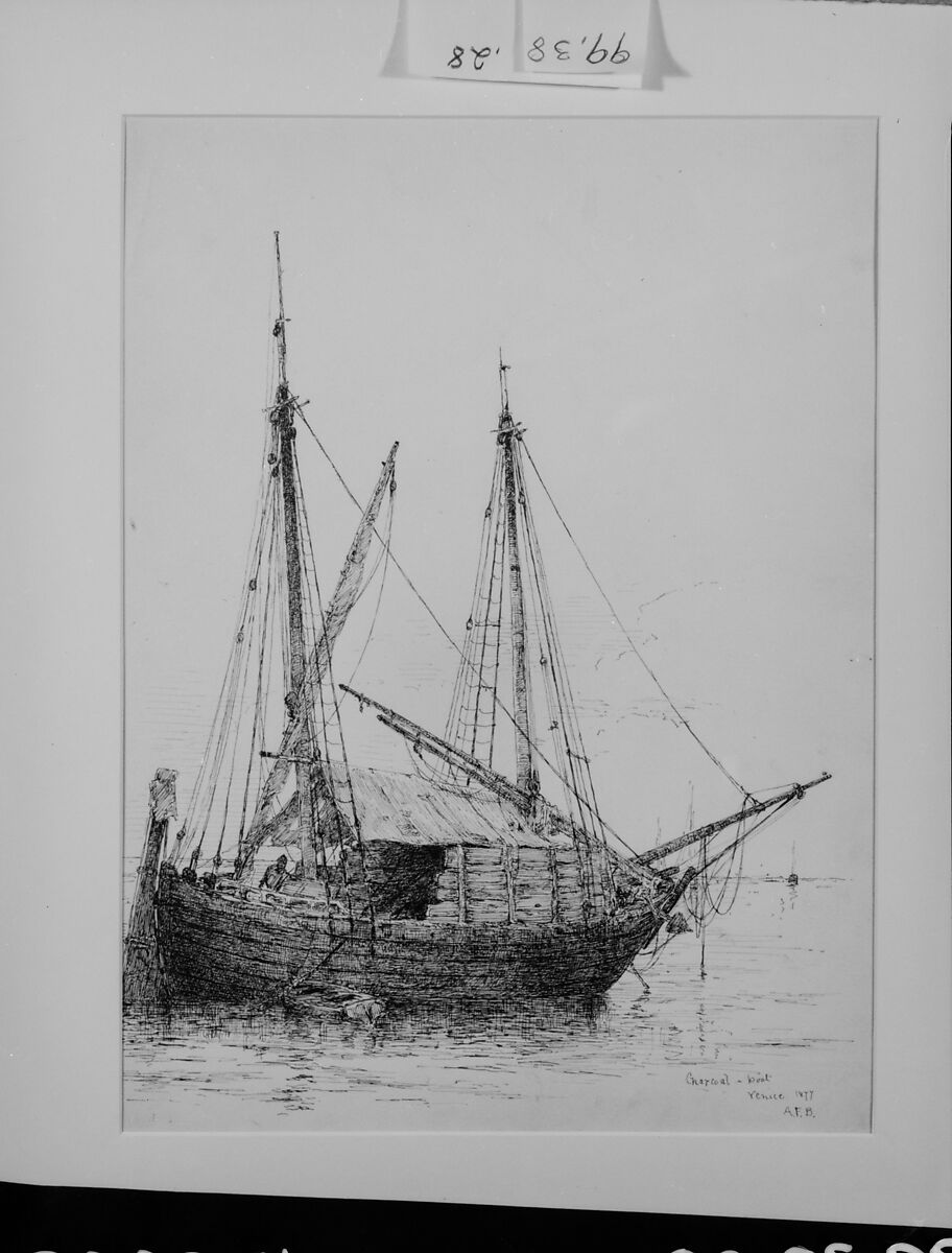 Charcoal Boat, Venice, Andrew Fisher Bunner (1841–1897), Black ink and graphite traces on off-white wove paper, American