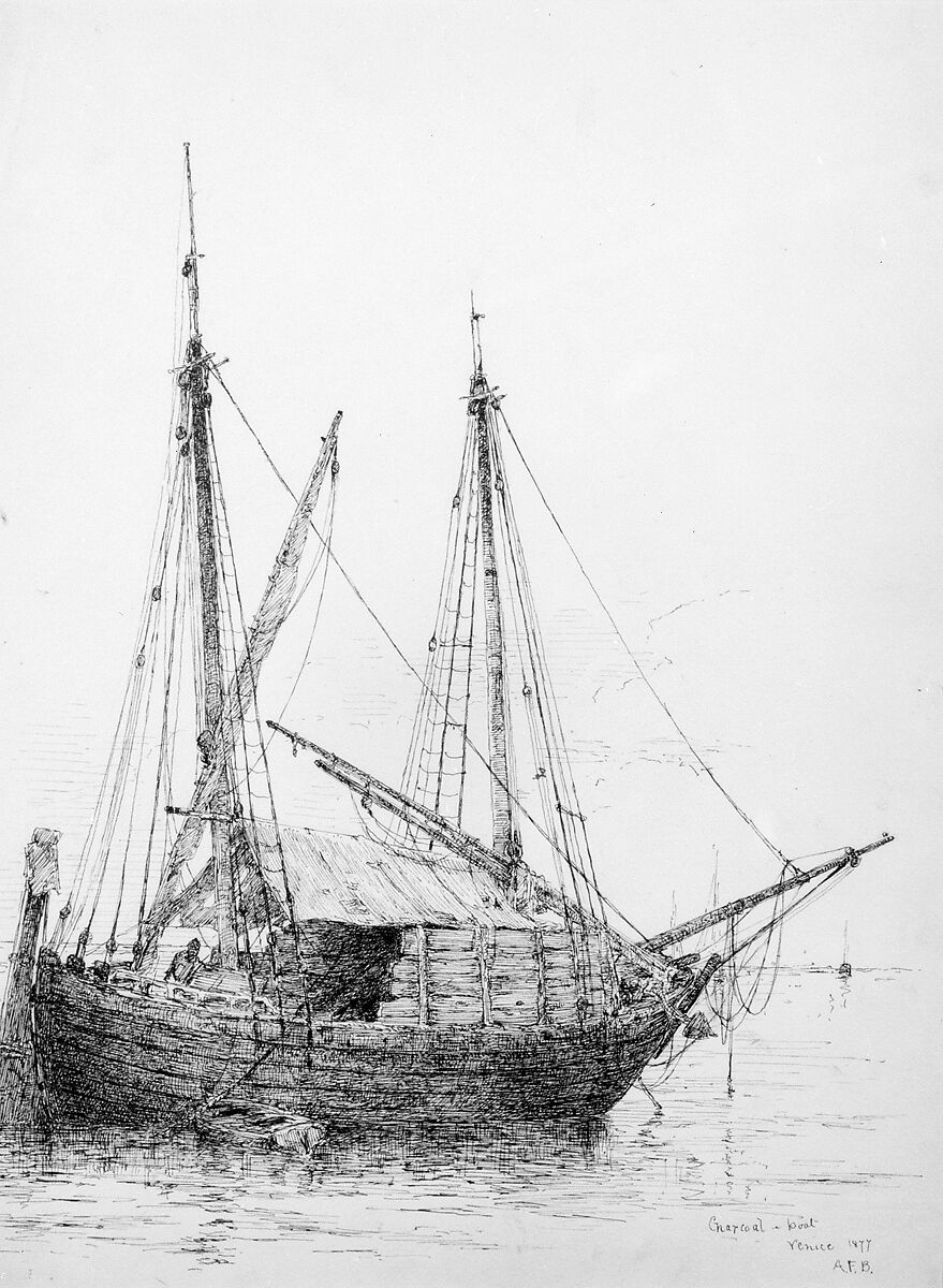 Charcoal Boat, Venice, Andrew Fisher Bunner (1841–1897), Black ink and graphite traces on off-white wove paper, American 