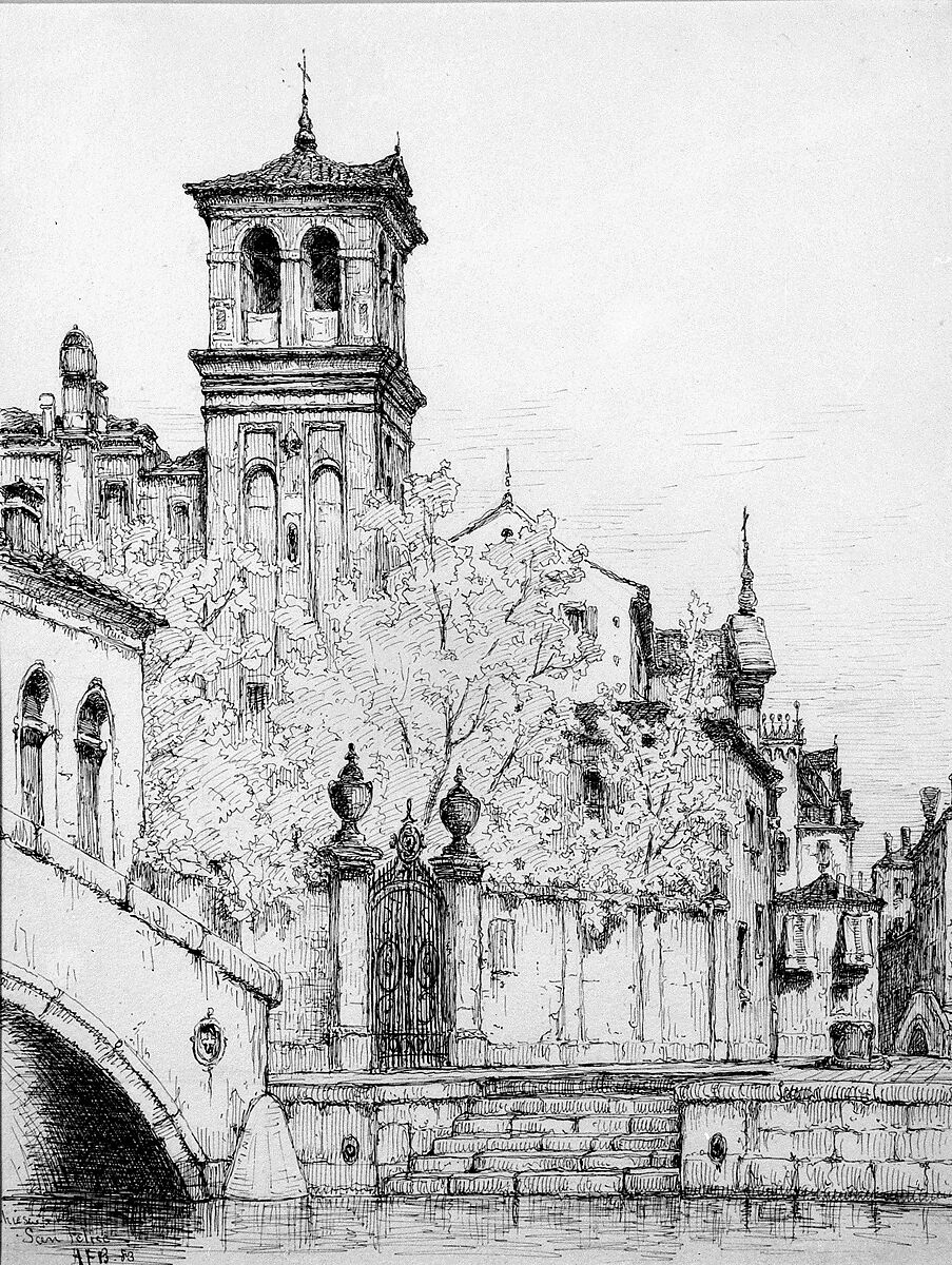 Chiesa e Rio San Felice, Andrew Fisher Bunner (1841–1897), Black ink and graphite traces on off-white wove paper, American 