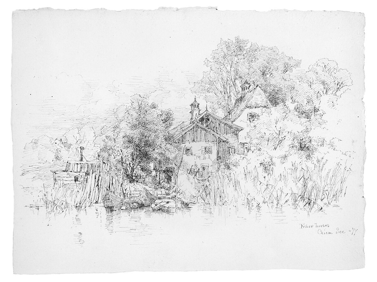 Fisher Houses, Chiem See, Germany, Andrew Fisher Bunner (1841–1897), Black ink and graphite traces on light buff wove paper, American 