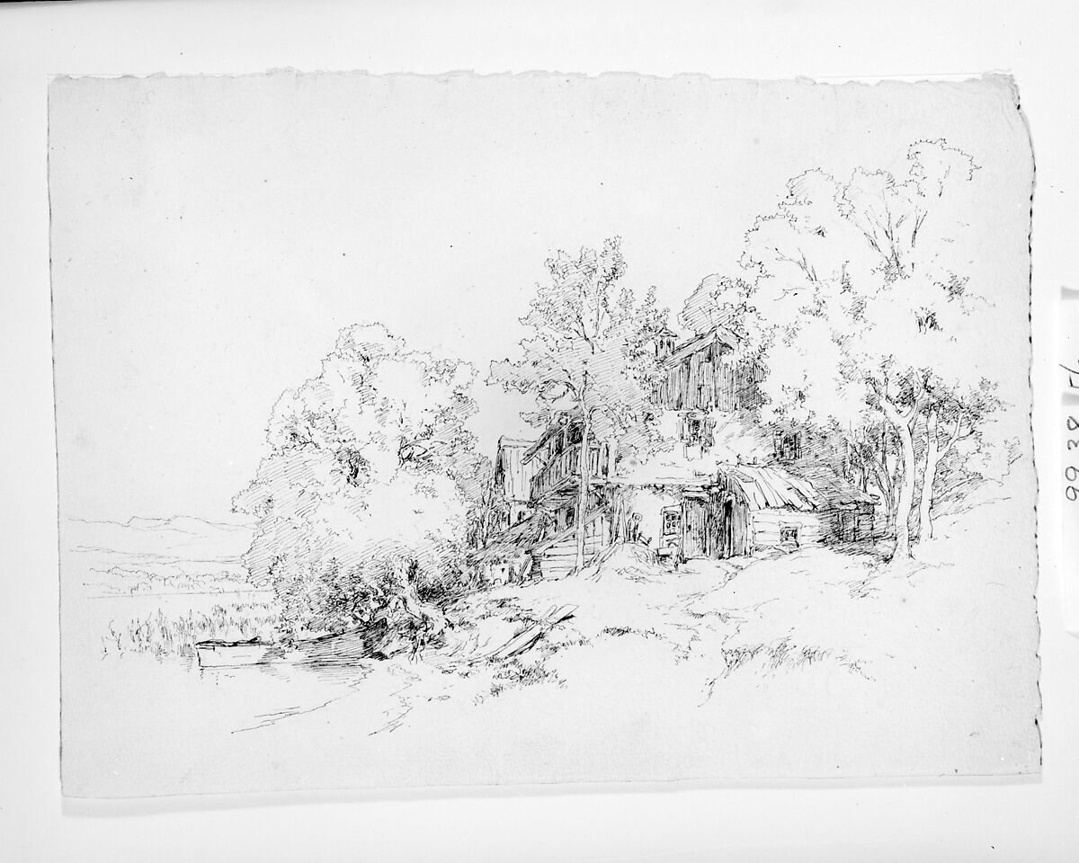 German Farm Building, Andrew Fisher Bunner (1841–1897), Black pen and graphite traces on light buff wove paper, American