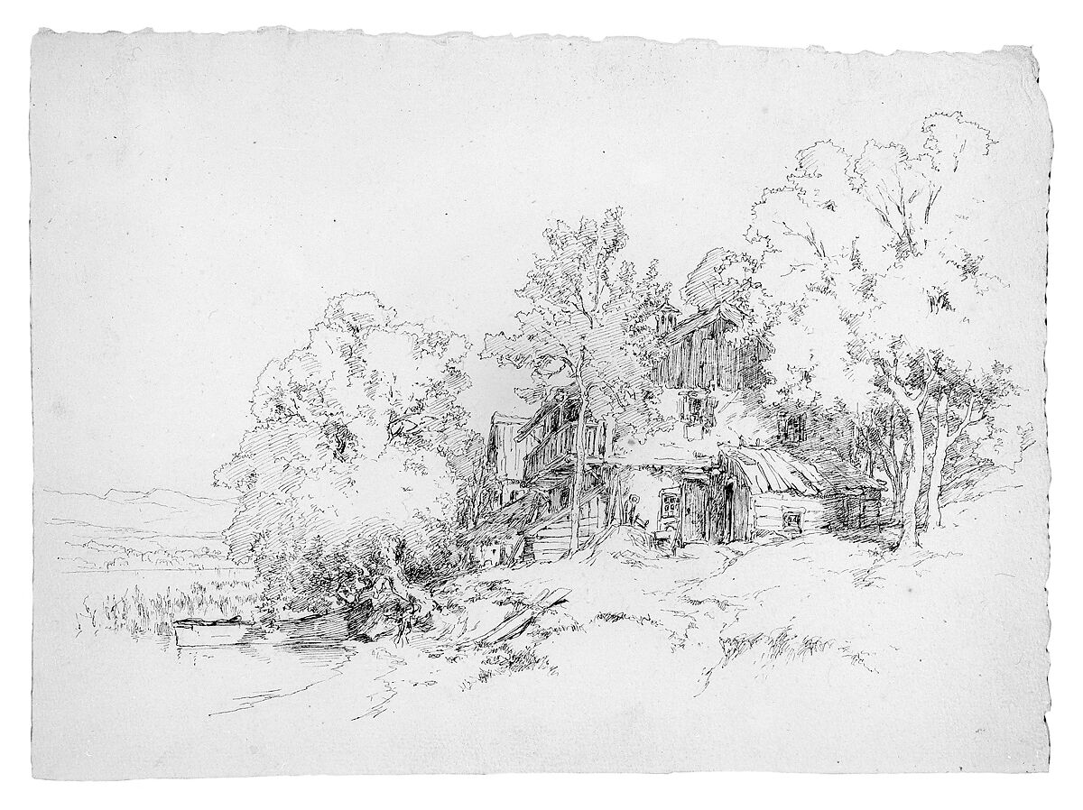 German Farm Building, Andrew Fisher Bunner (1841–1897), Black pen and graphite traces on light buff wove paper, American 