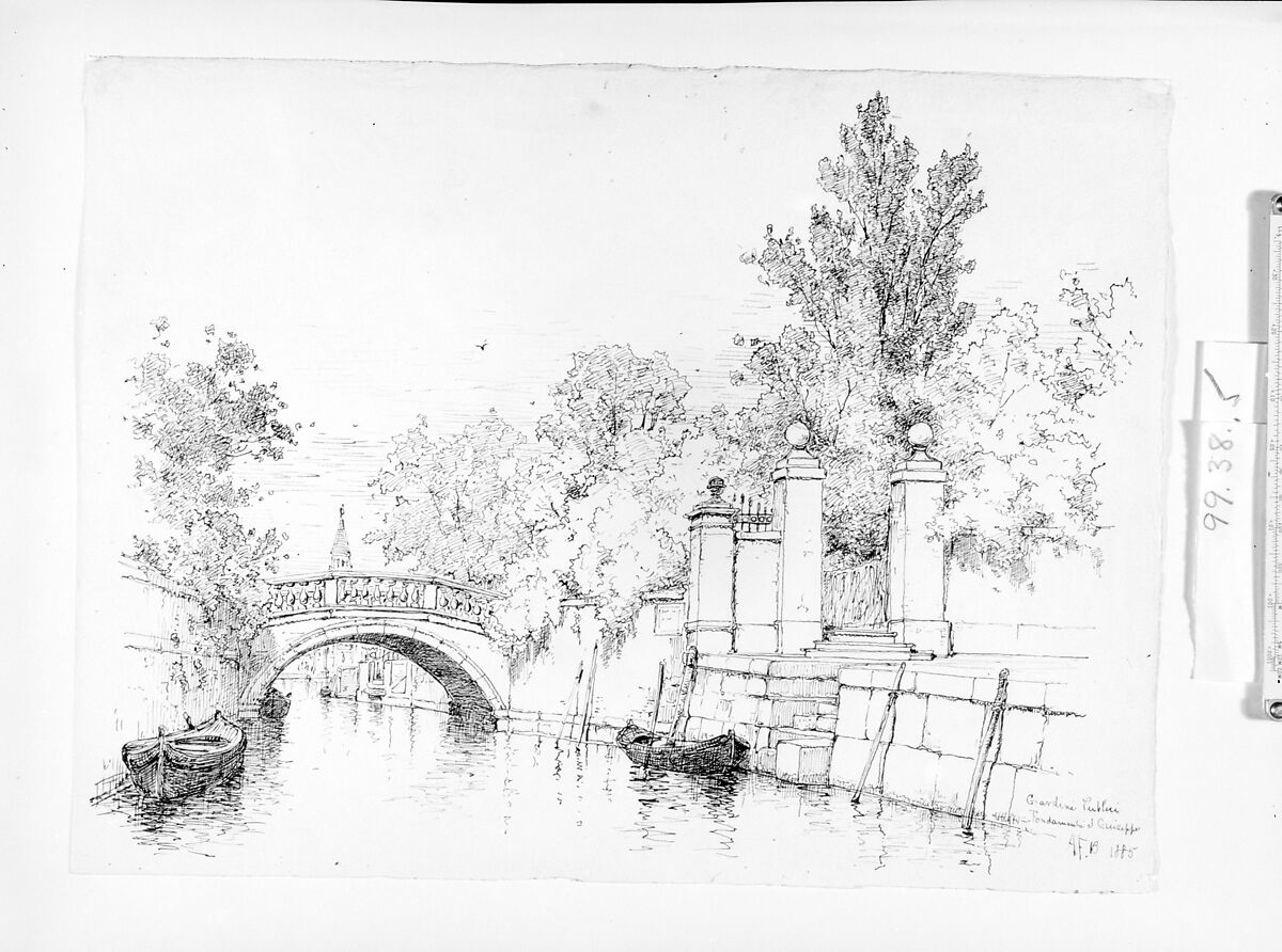 Giardini Publici, Fondamenta San Giuseppe, Venice, Andrew Fisher Bunner (1841–1897), Black ink on off-white wove paper, American