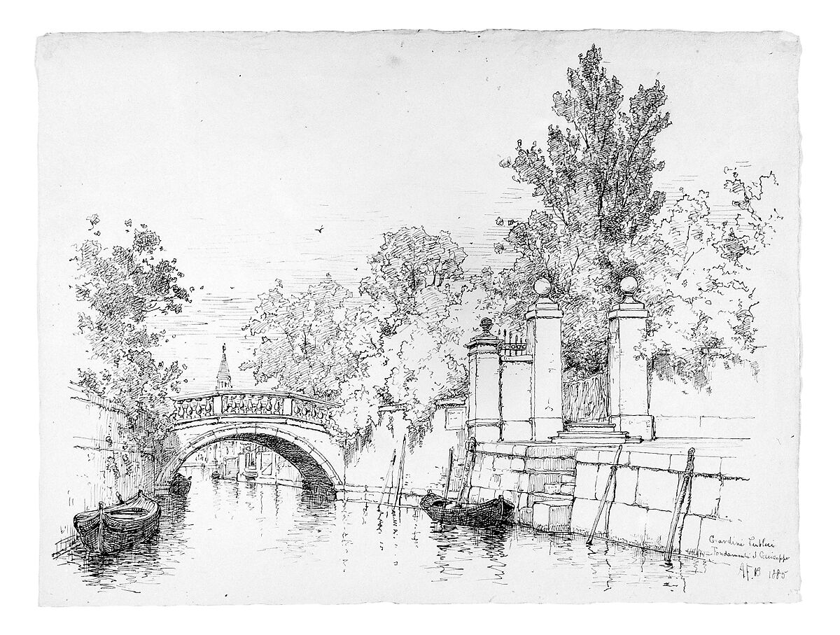 Giardini Publici, Fondamenta San Giuseppe, Venice, Andrew Fisher Bunner (1841–1897), Black ink on off-white wove paper, American 