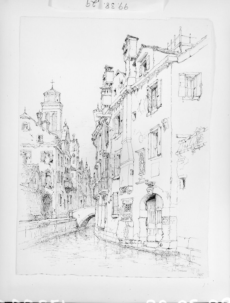 Ogni Santi e San Trovaso, Venice, Andrew Fisher Bunner (1841–1897), Black ink and graphite traces on off-white wove paper, American