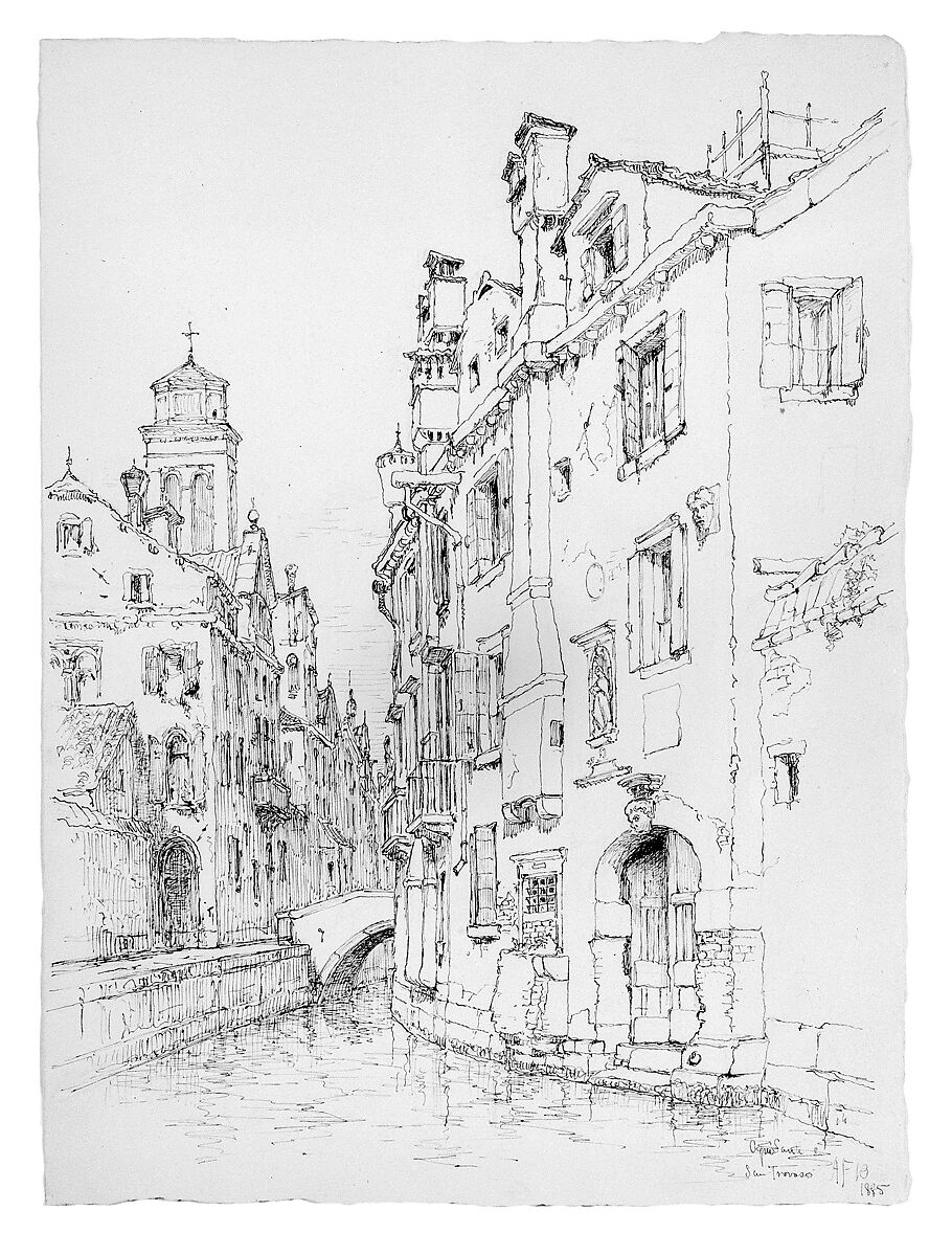 Ogni Santi e San Trovaso, Venice, Andrew Fisher Bunner (1841–1897), Black ink and graphite traces on off-white wove paper, American 