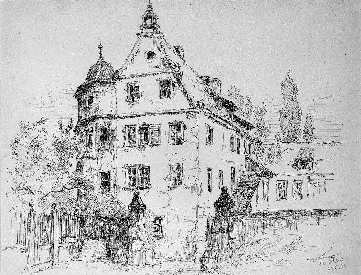 Old Schloss, Germany, Andrew Fisher Bunner (1841–1897), Black ink and graphite traces on off-white wove paper, American 