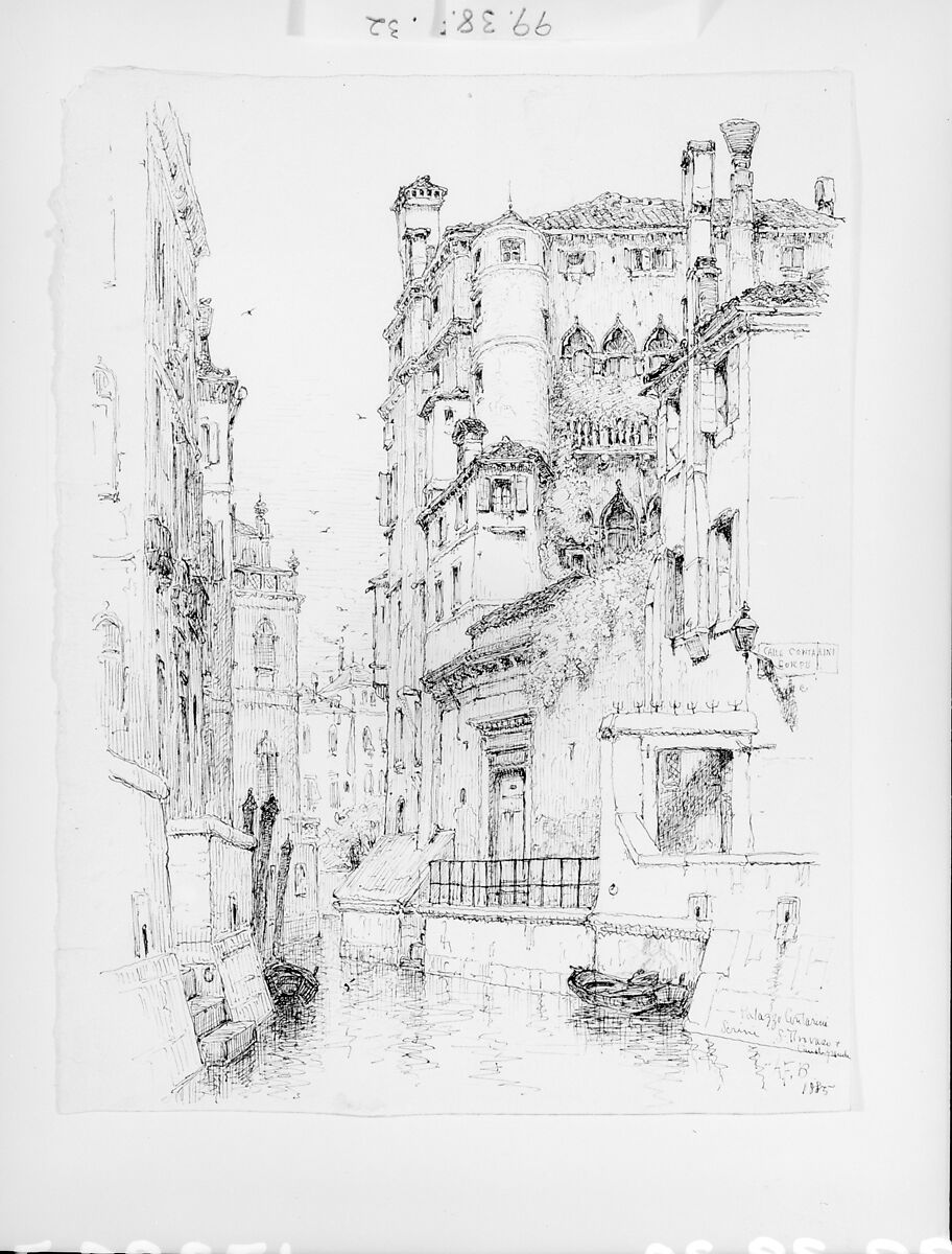 Palazzo Contarini degli Scrigni, Venice, Andrew Fisher Bunner (1841–1897), Black ink and graphite traces on off-white wove paper, American 