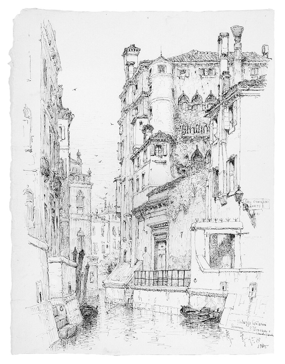 Palazzo Contarini degli Scrigni, Venice, Andrew Fisher Bunner (1841–1897), Black ink and graphite traces on off-white wove paper, American
