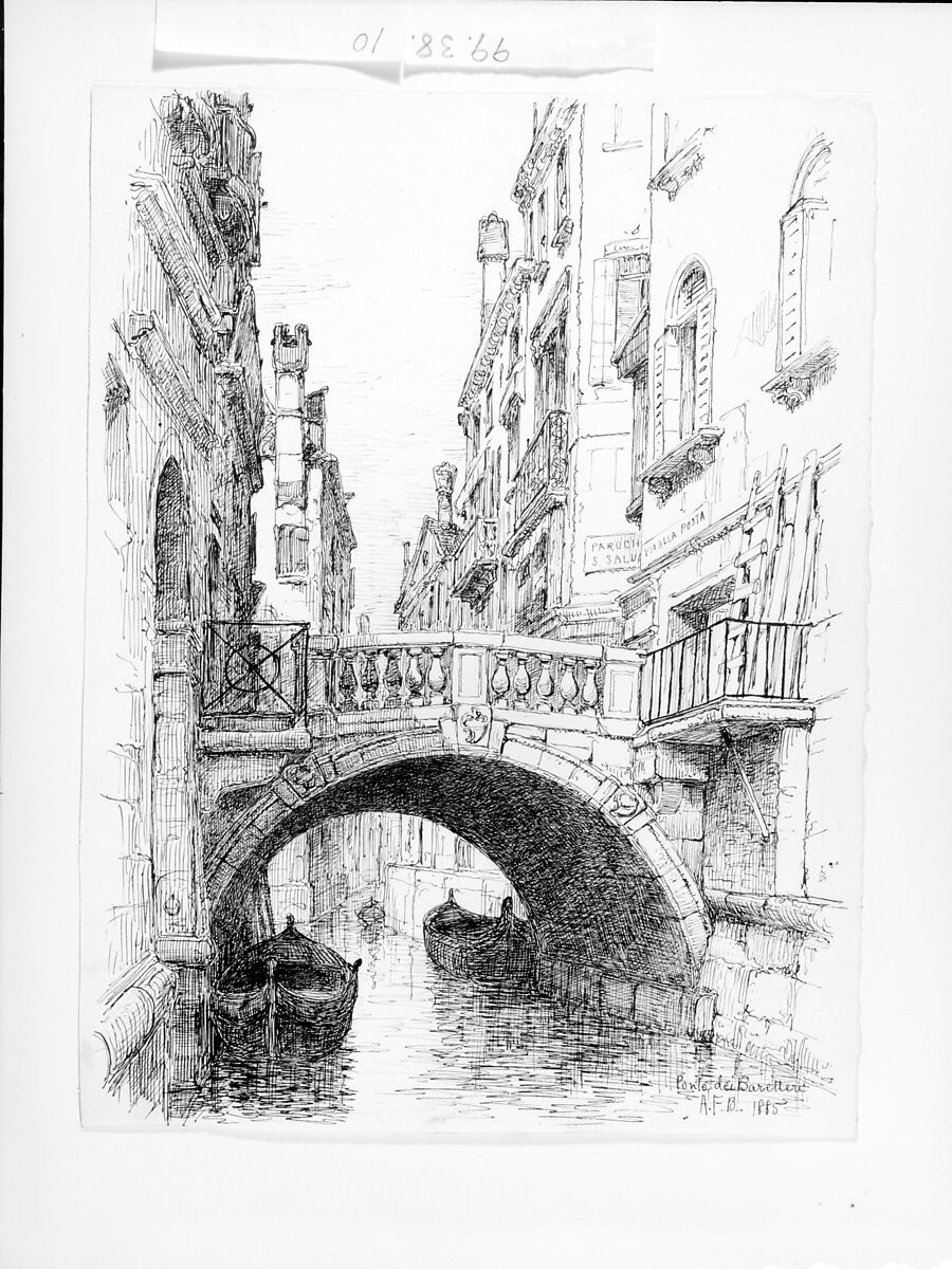 Ponte dei Baretteri, Andrew Fisher Bunner (1841–1897), Black ink and graphite traces on off-white wove paper, American