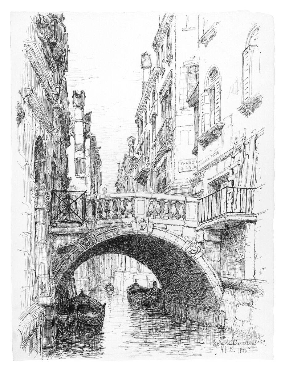 Ponte dei Baretteri, Andrew Fisher Bunner (1841–1897), Black ink and graphite traces on off-white wove paper, American 