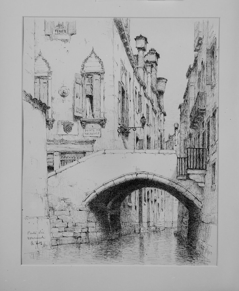 Ponte dei Miracoli, Venice, Andrew Fisher Bunner (1841–1897), Black ink and graphite traces on off-white wove paper, American 