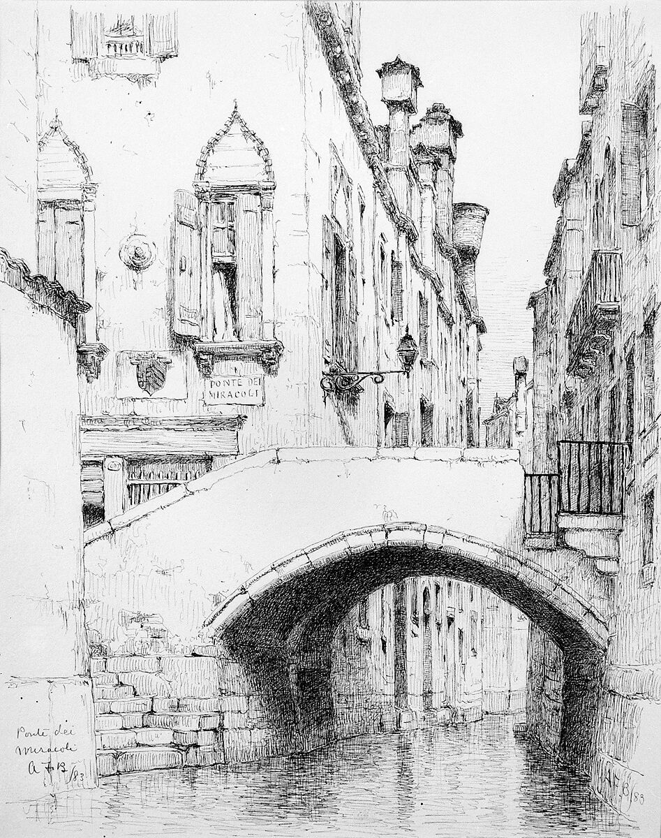 Ponte dei Miracoli, Venice, Andrew Fisher Bunner (1841–1897), Black ink and graphite traces on off-white wove paper, American